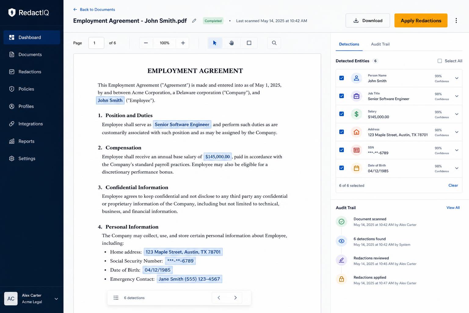 Seers Redact application - AI-detected entities and audit trail